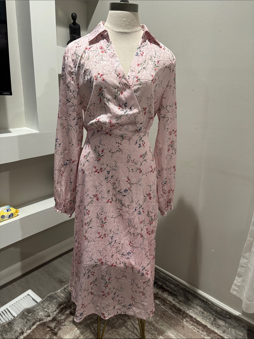 Blush Floral Long-Sleeve Wrap-Style Midi Dress